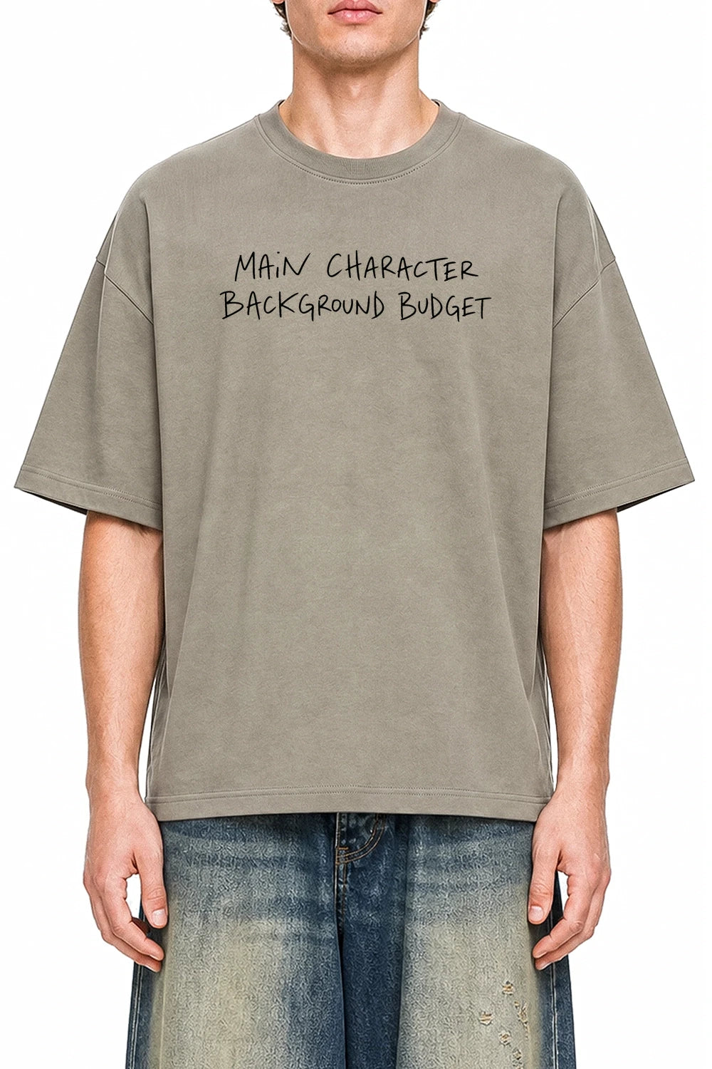 Main Character Background Budget Dark Apricot graphic T-shirt on model, front view