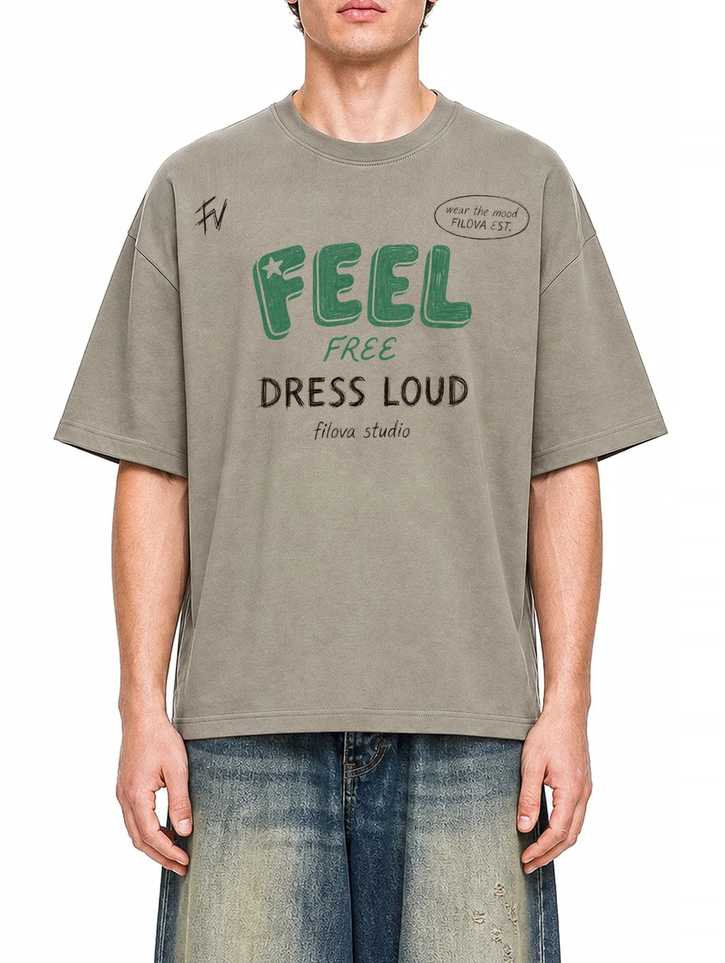 Feel Free Dress Loud Dark Apricot graphic T-shirt on model, front view