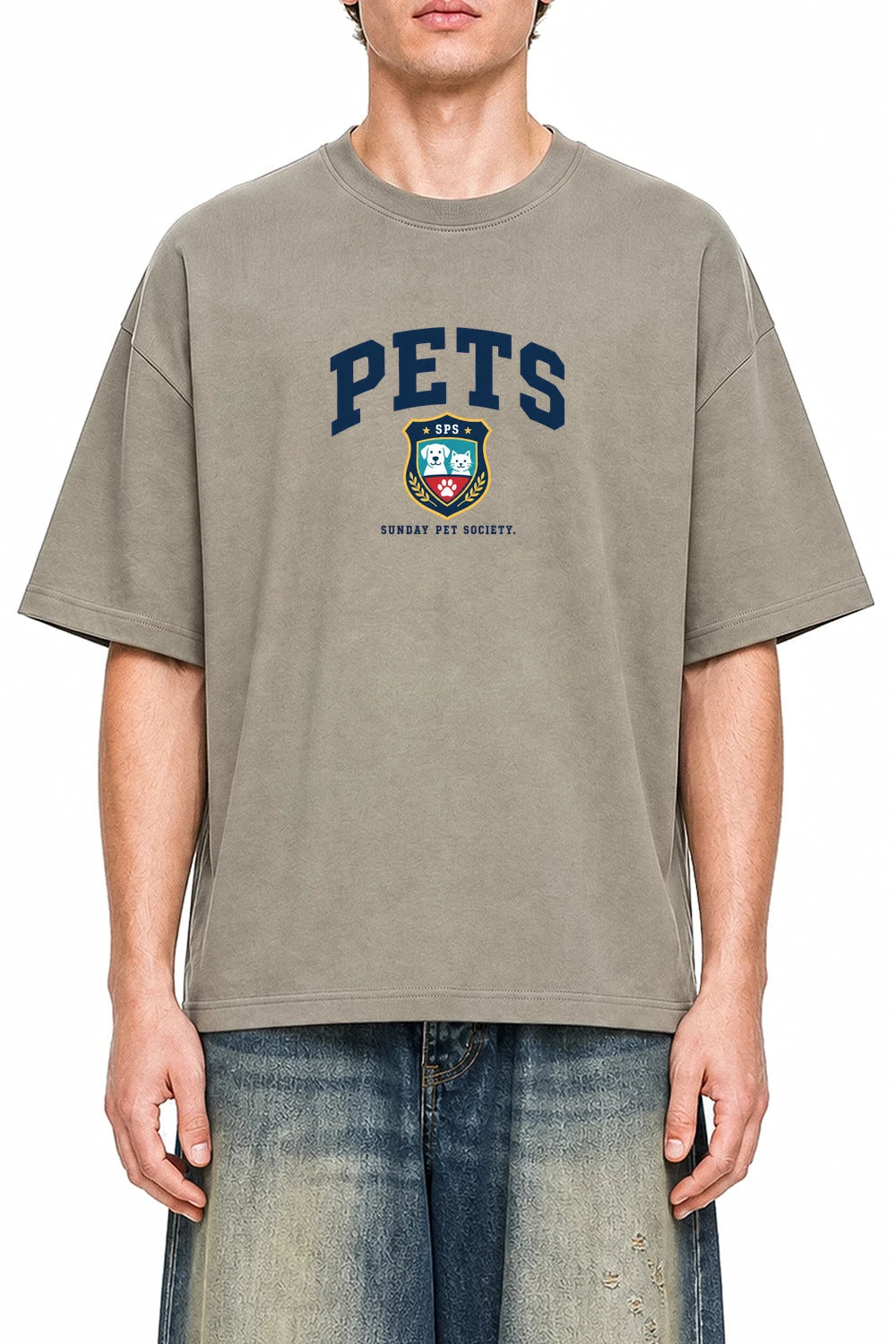 Sunday Pet Society Dark Apricot graphic T-shirt on model, front view