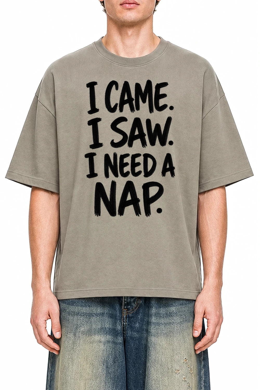 I Came I Saw I Need A Nap Dark Apricot graphic T-shirt on model, front view