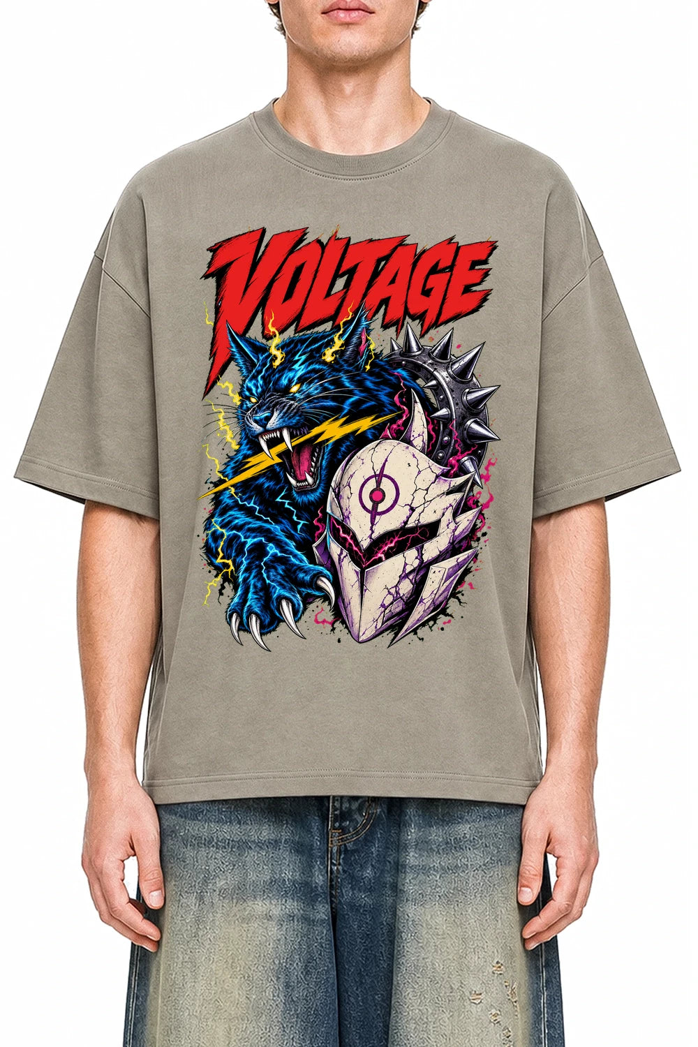Voltage Unleashed Dark Apricot graphic T-shirt on model, front view