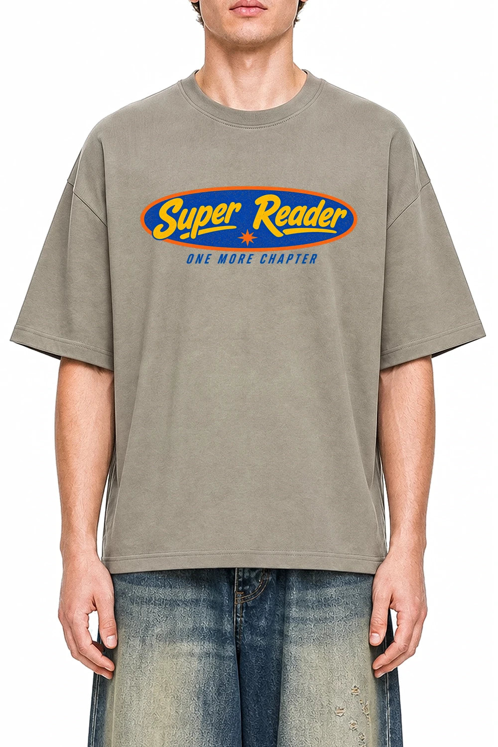 Super Reader Dark Apricot graphic T-shirt on model, front view