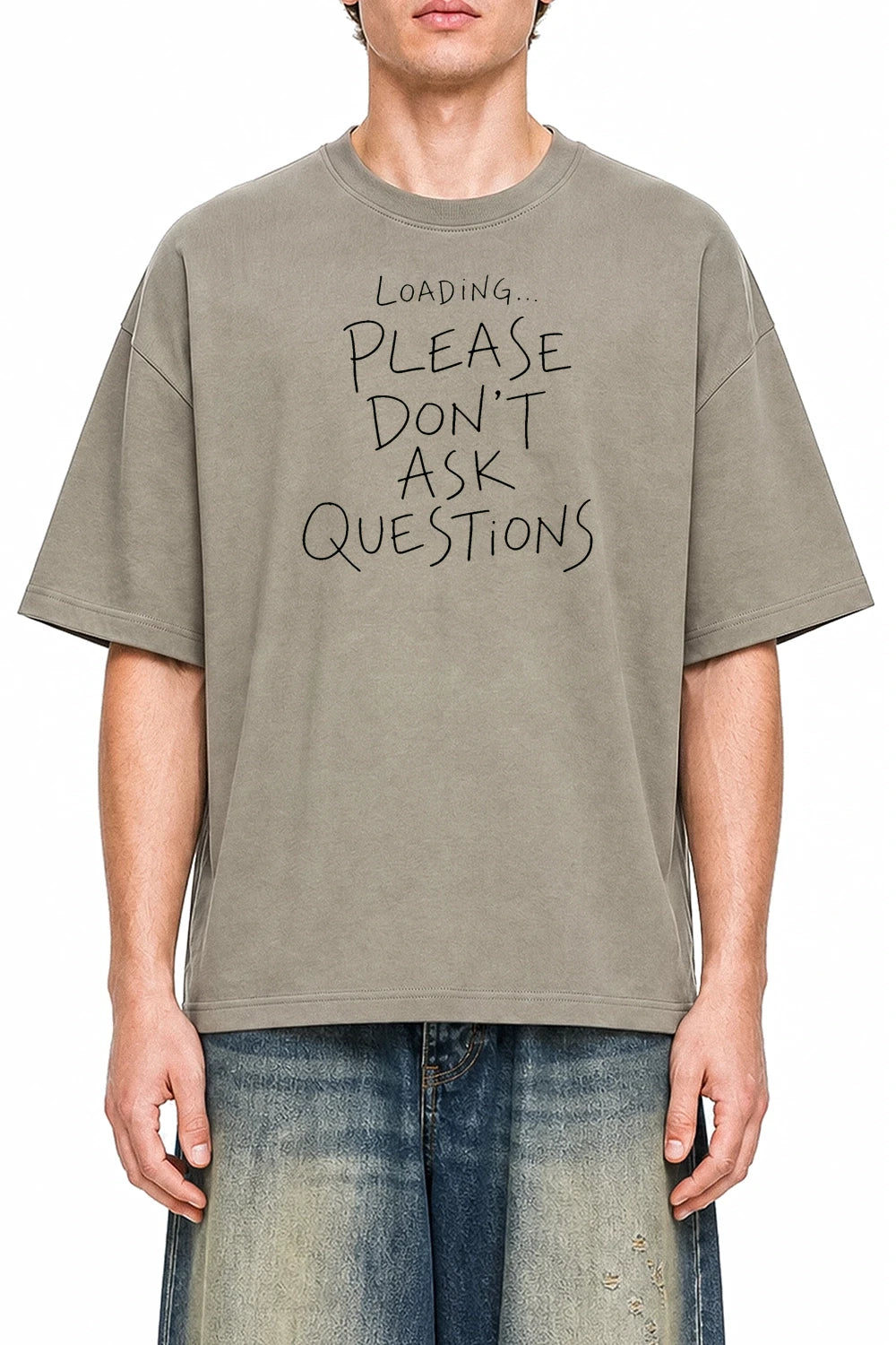 Loading Please Dont Ask Questions Dark Apricot graphic T-shirt on model, front view