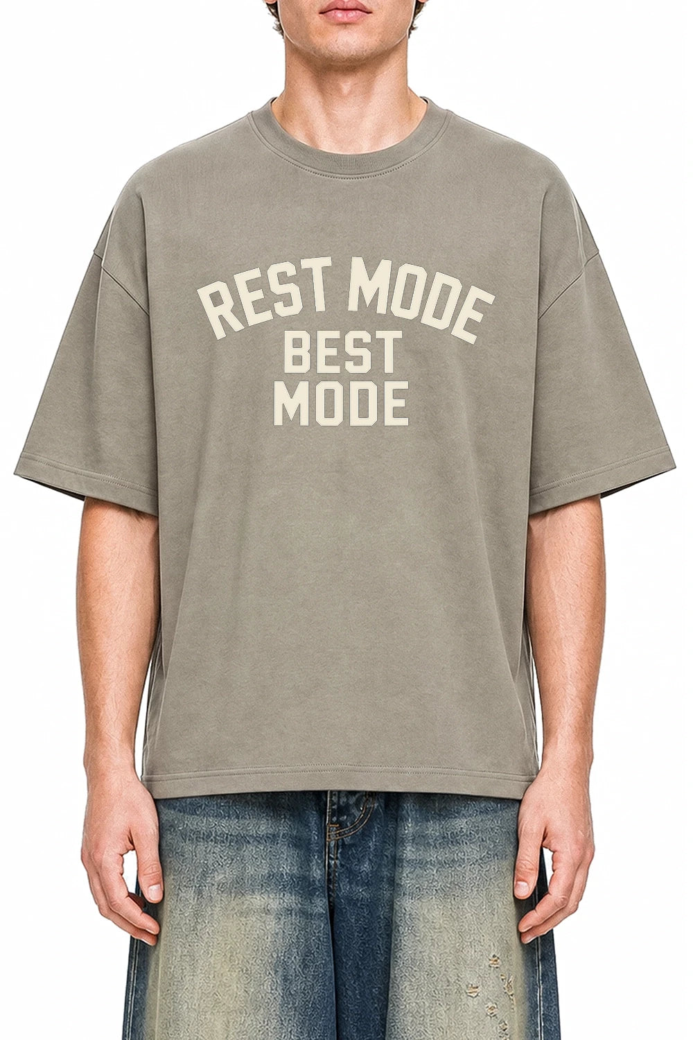 Rest Mode Best Mode Dark Apricot graphic T-shirt on model, front view