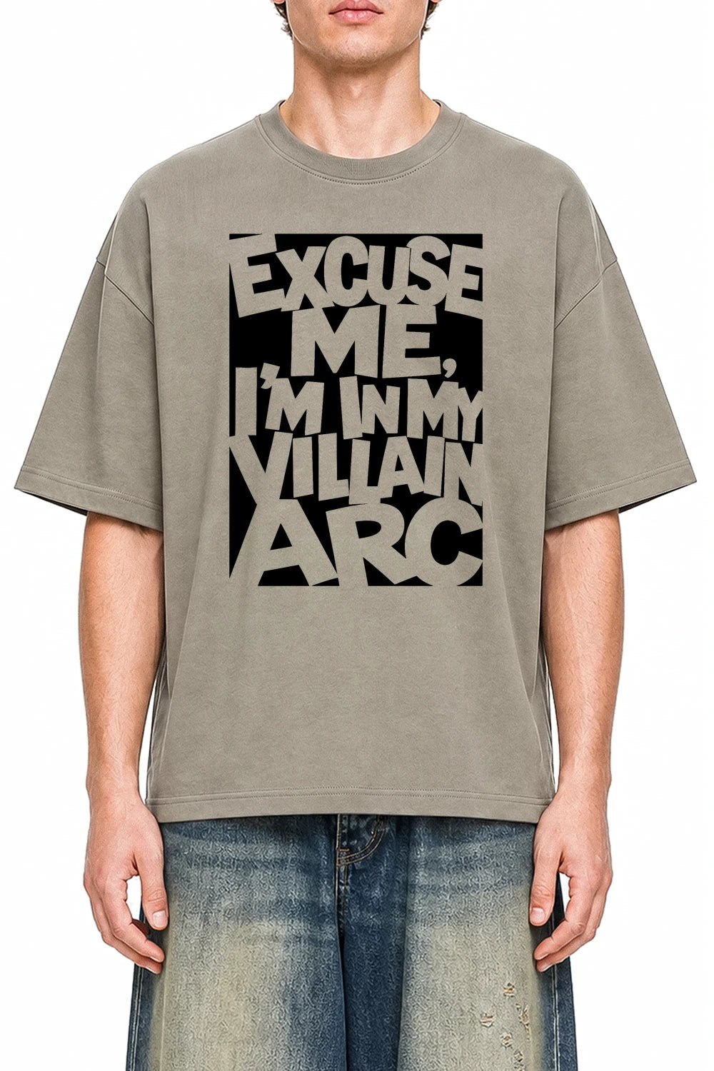 Excuse Me Im In My Villain Arc Dark Apricot graphic T-shirt on model, front view
