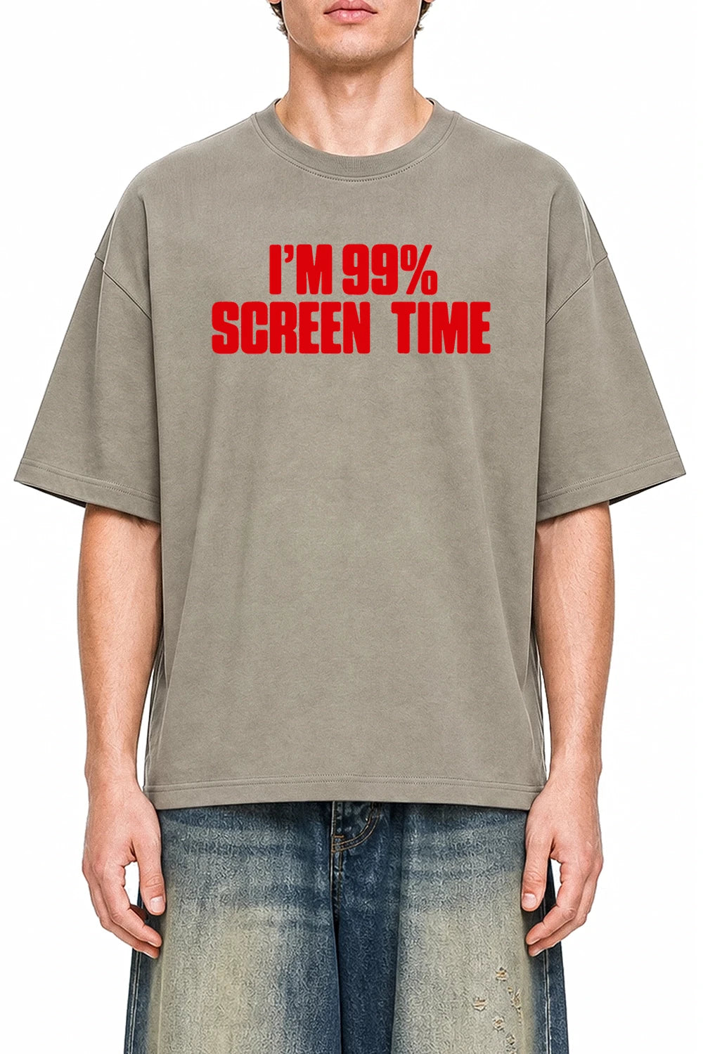 Im 99% Screen Time Dark Apricot graphic T-shirt on model, front view