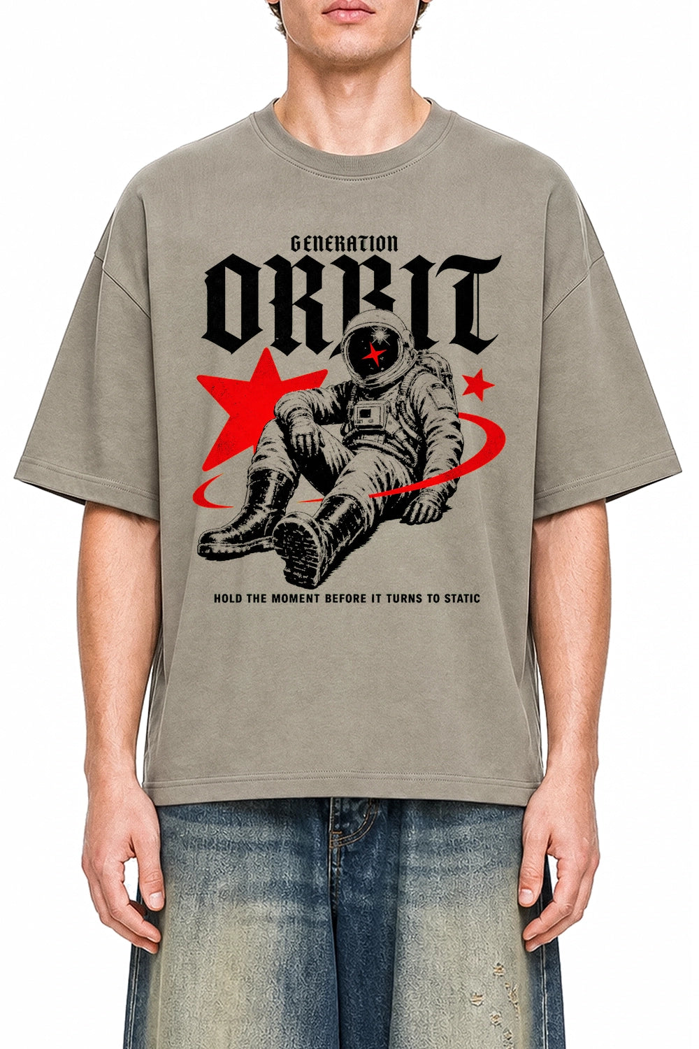 Generation Orbit Dark Apricot graphic T-shirt on model, front view