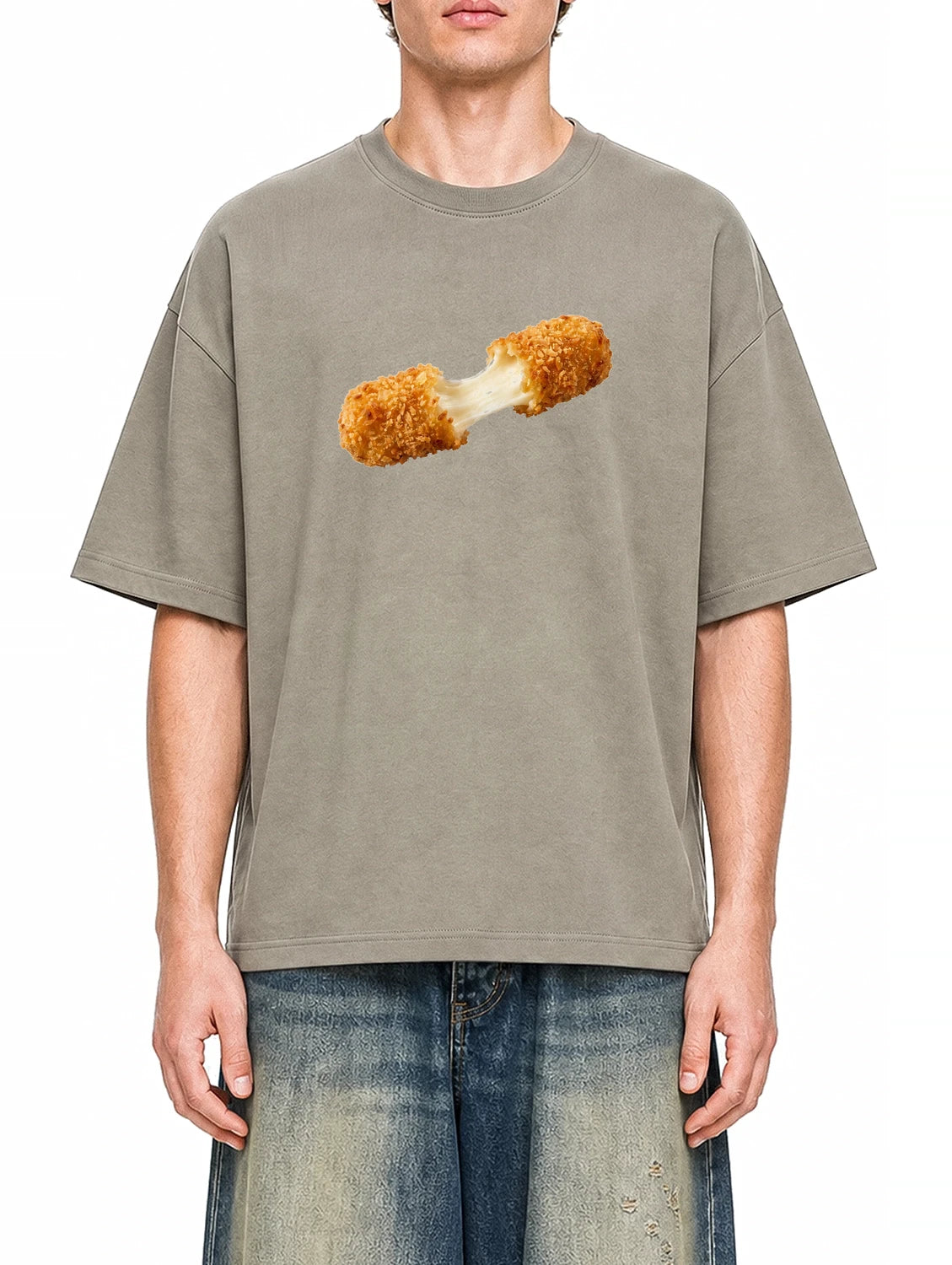 Fried Cheese Dark Apricot graphic T-shirt on model, front view