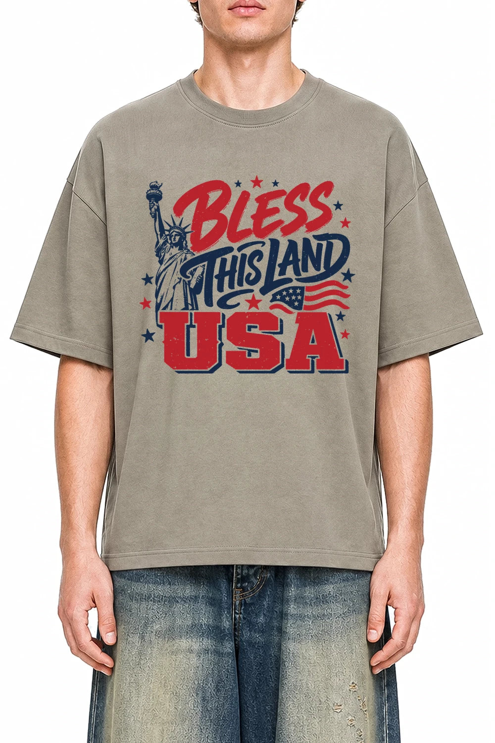 Bless This Land USA Dark Apricot graphic T-shirt on model, front view