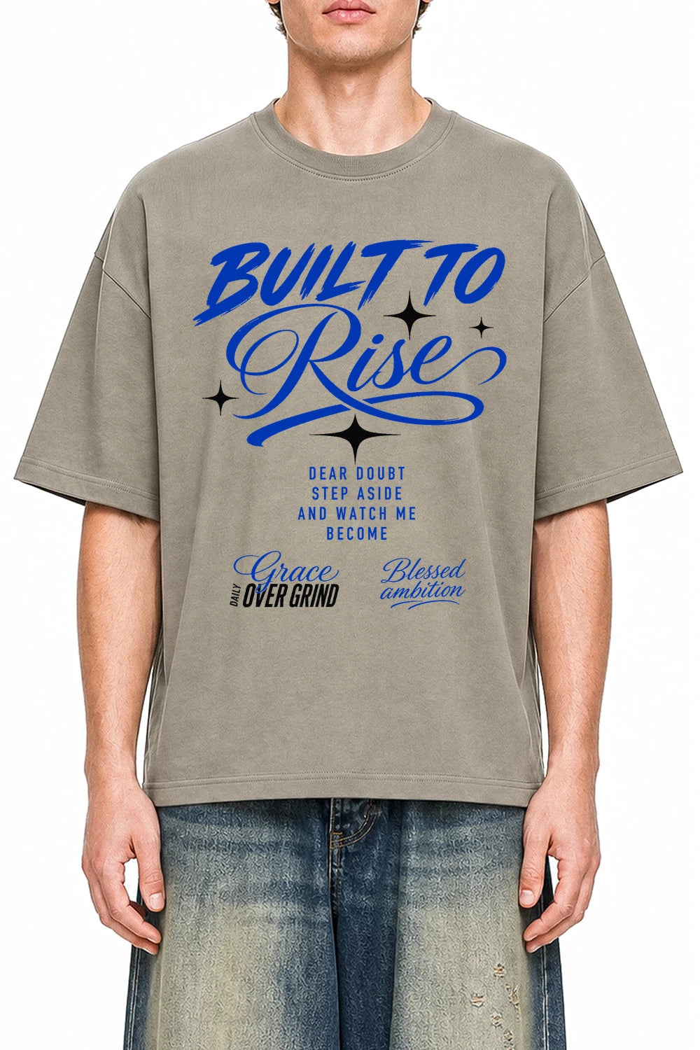 Built To Rise Dark Apricot graphic T-shirt on model, front view