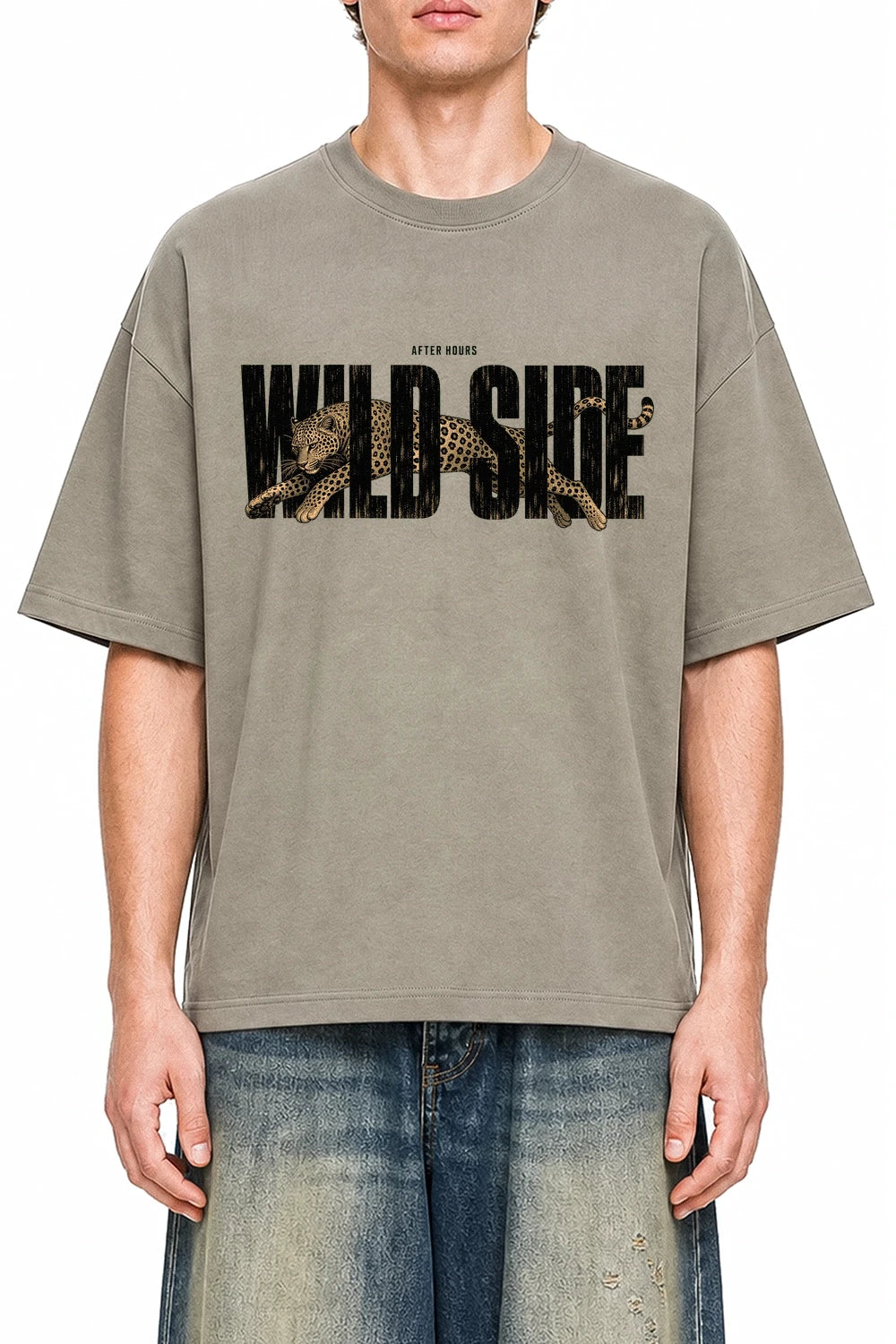 Wild Side Streetwear Dark Apricot graphic T-shirt on model, front view