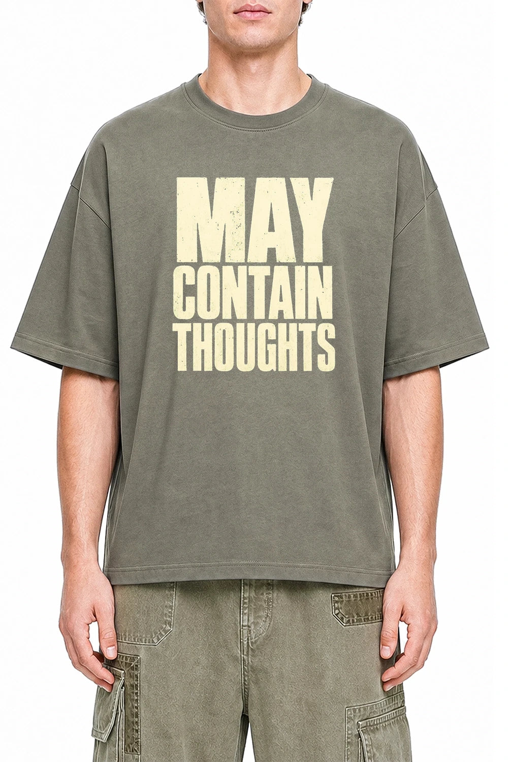 May Contain Thoughts Dark Gray graphic T-shirt on model, front view