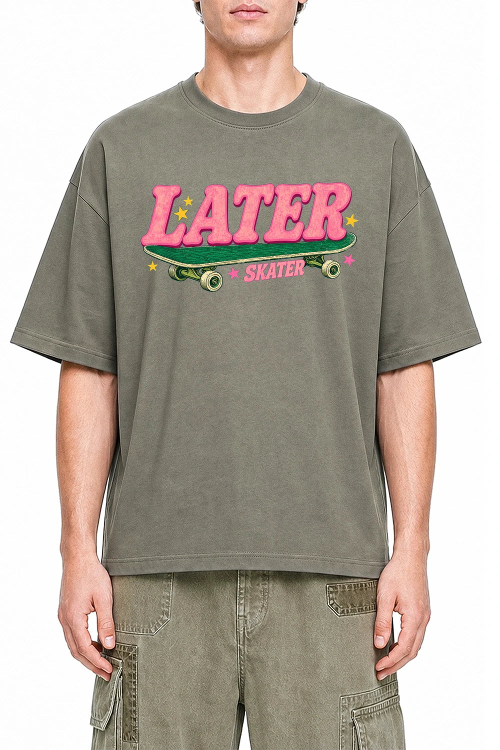 Later Skater Dark Gray graphic T-shirt on model, front view
