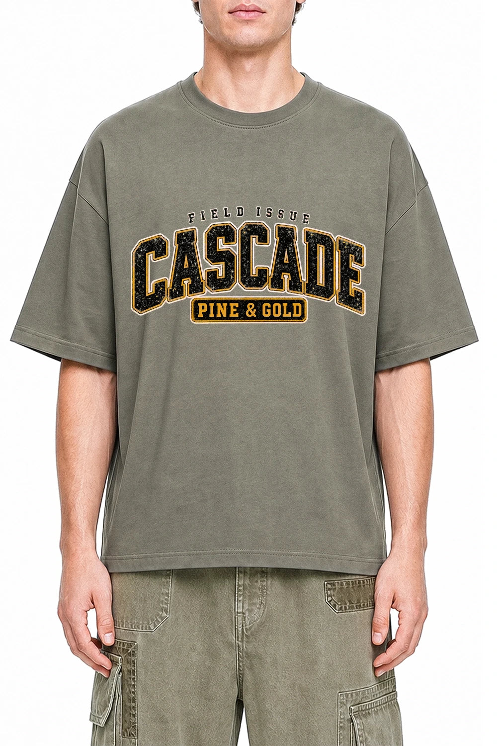 Cascade Pine Gold Dark Gray graphic T-shirt on model, front view