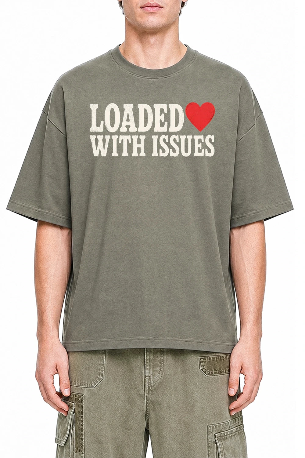 Loaded With Issues Dark Gray graphic T-shirt on model, front view