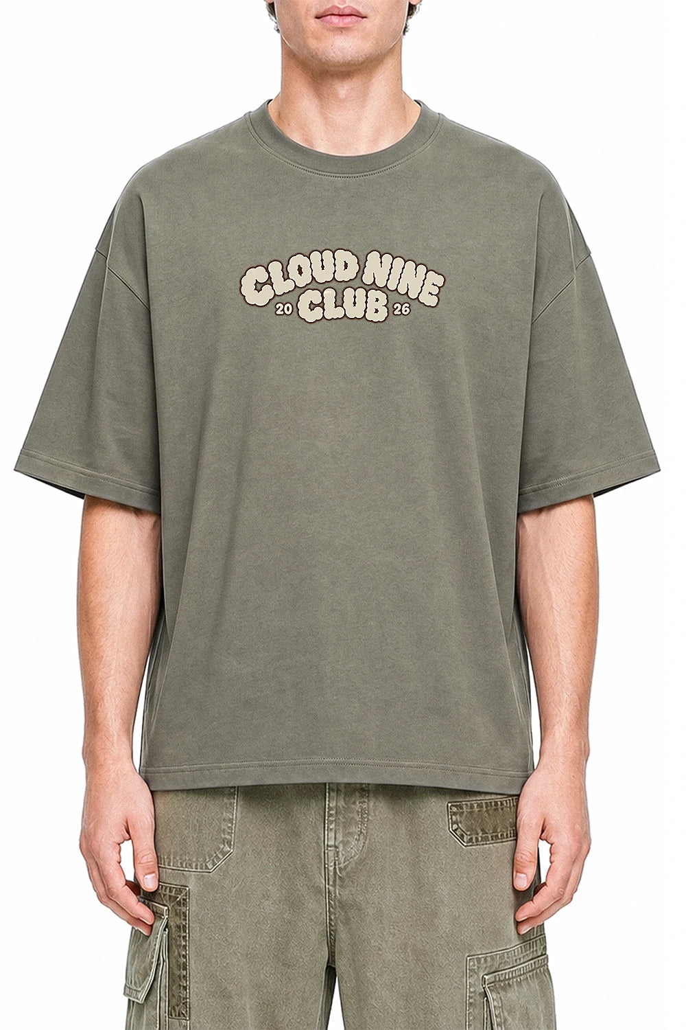 Cloud Nine Club Dark Gray graphic T-shirt on model, front view