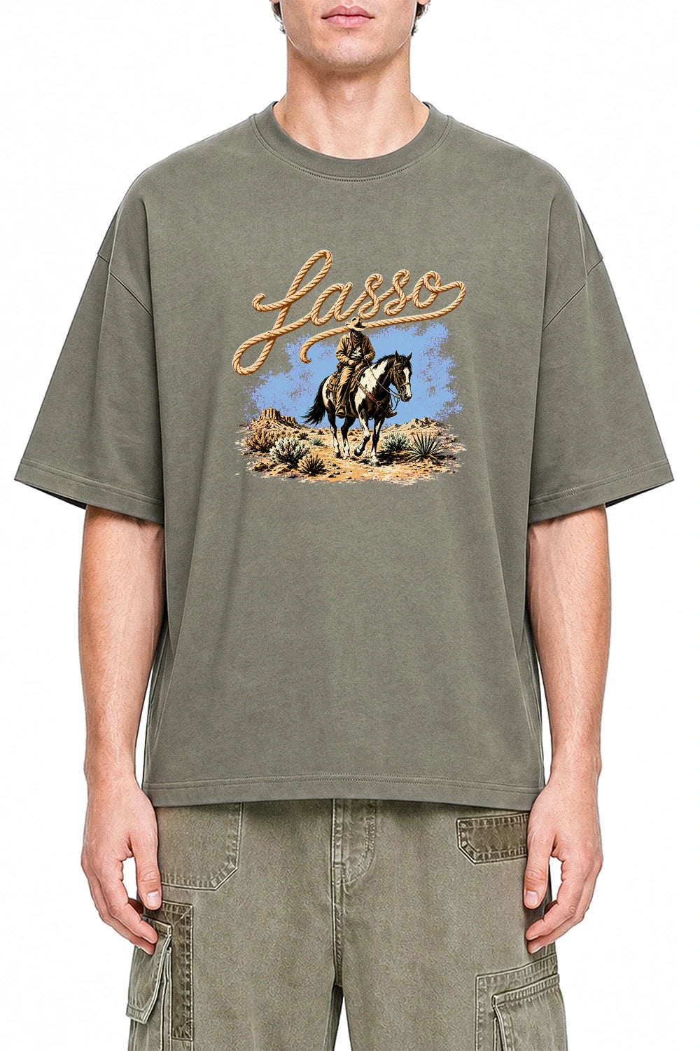 Lasso Run Rider Dark Gray graphic T-shirt on model, front view