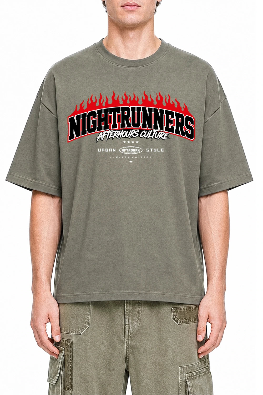 Nightrunners Dark Gray graphic T-shirt on model, front view