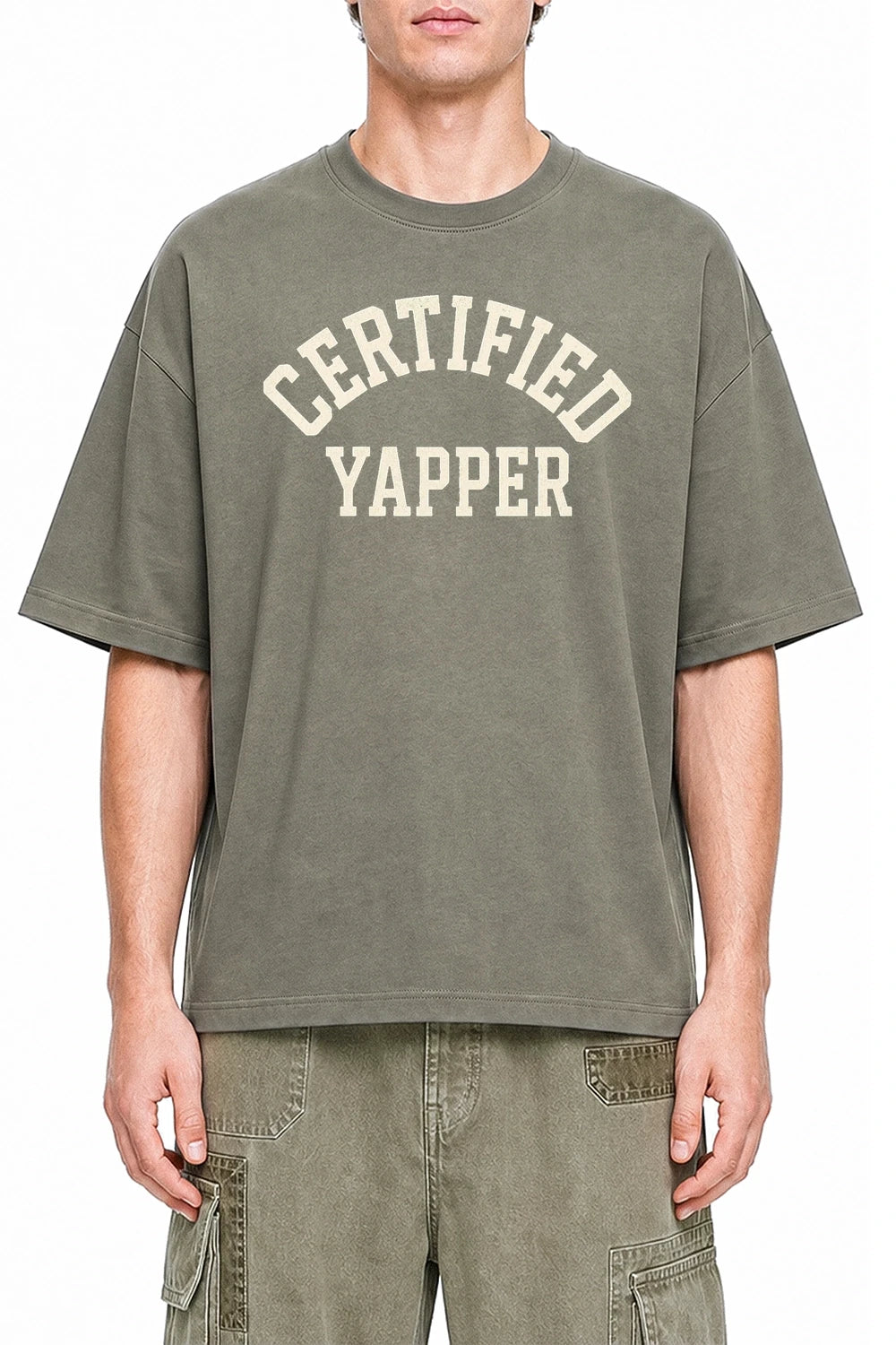 Certified Yapper Dark Gray graphic T-shirt on model, front view