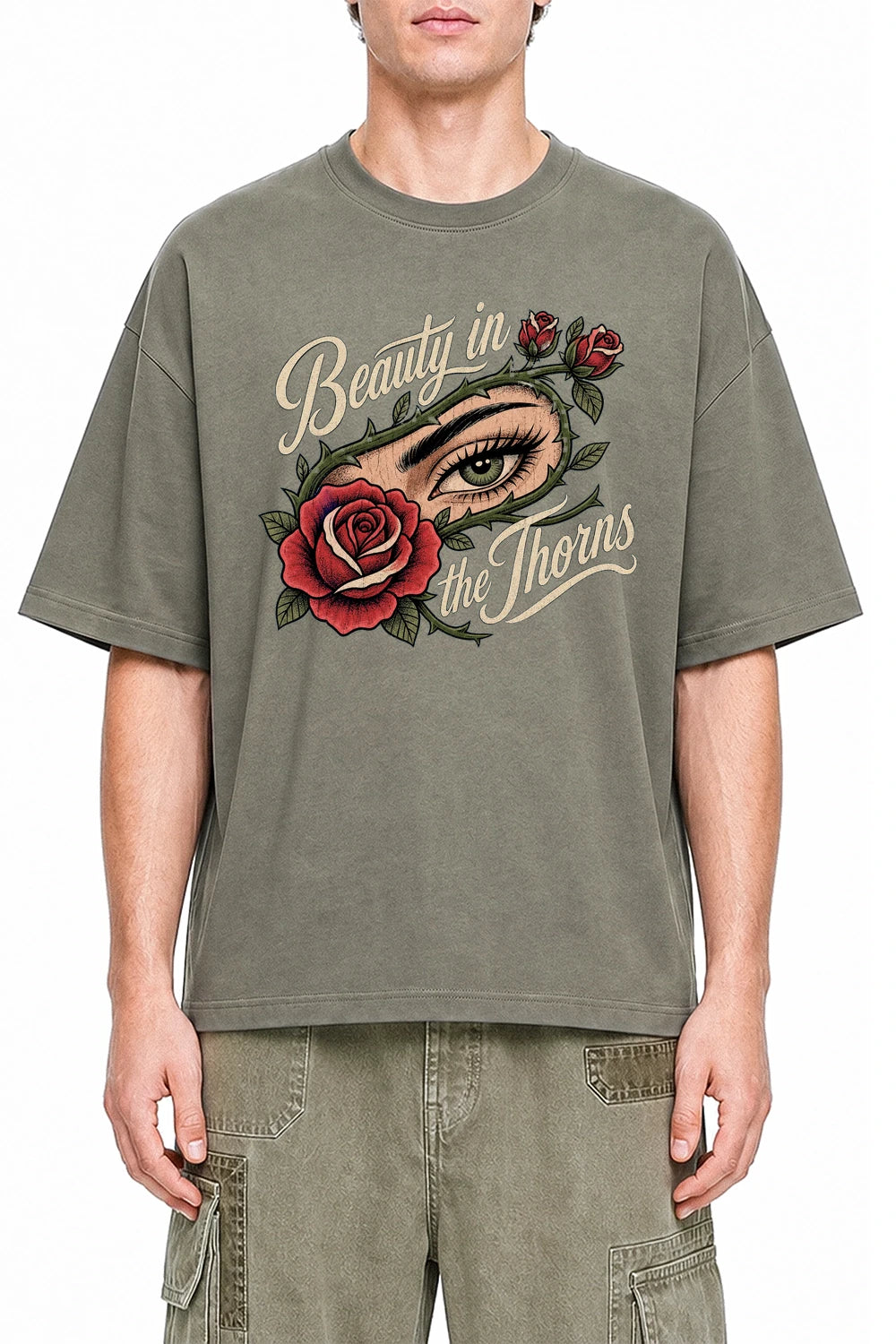 Beauty In The Thorns Dark Gray graphic T-shirt on model, front view