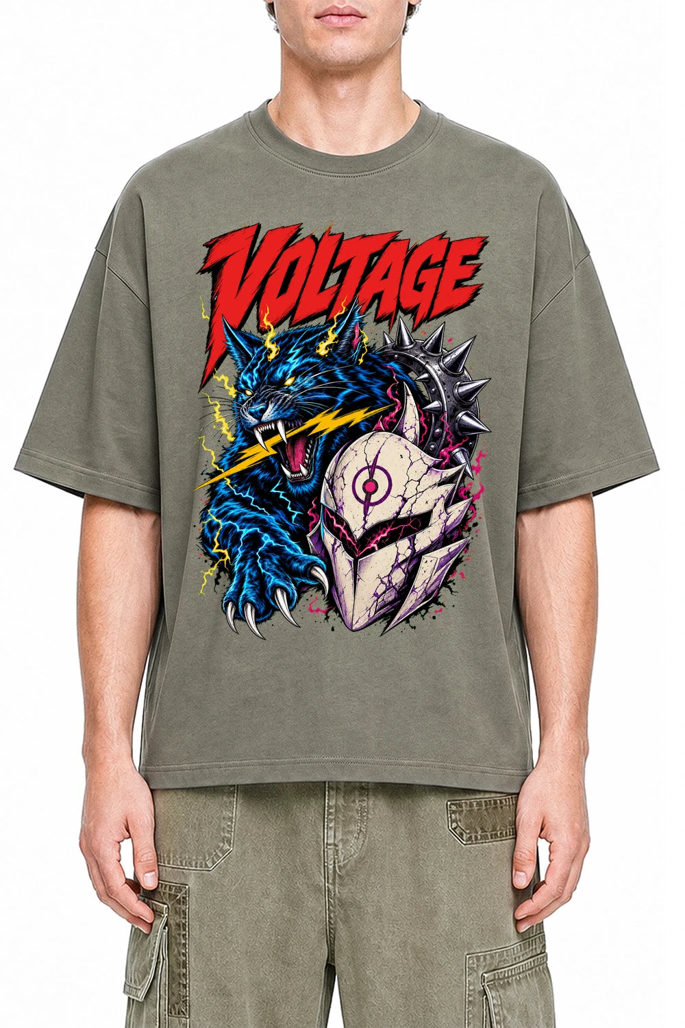 Voltage Unleashed Dark Gray graphic T-shirt on model, front view