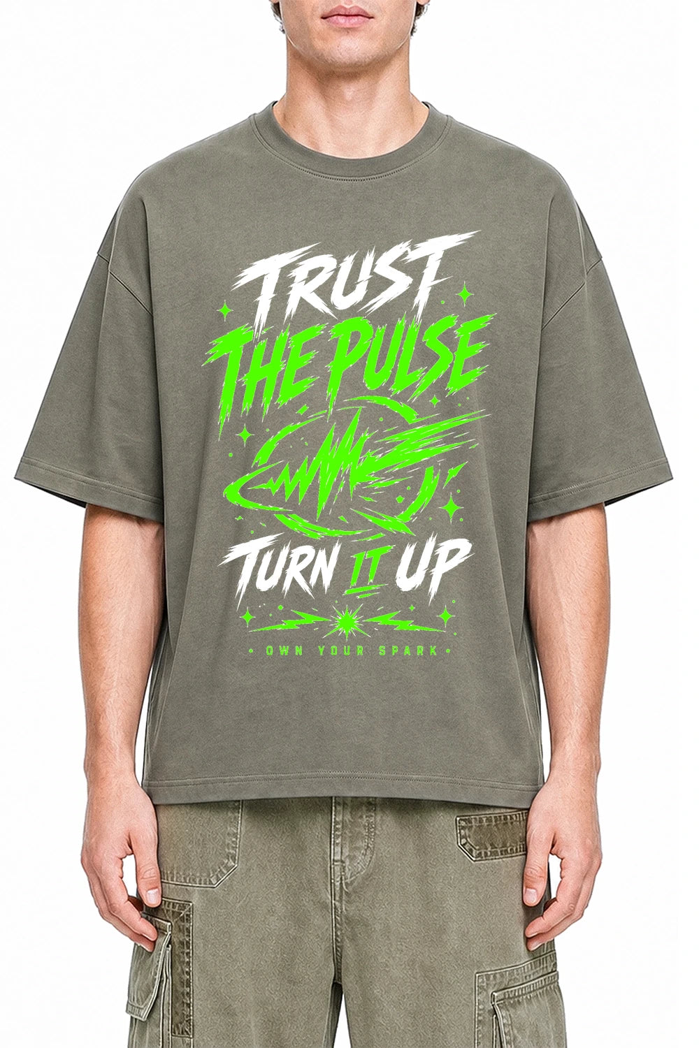 Trust The Pulse Dark Gray graphic T-shirt on model, front view