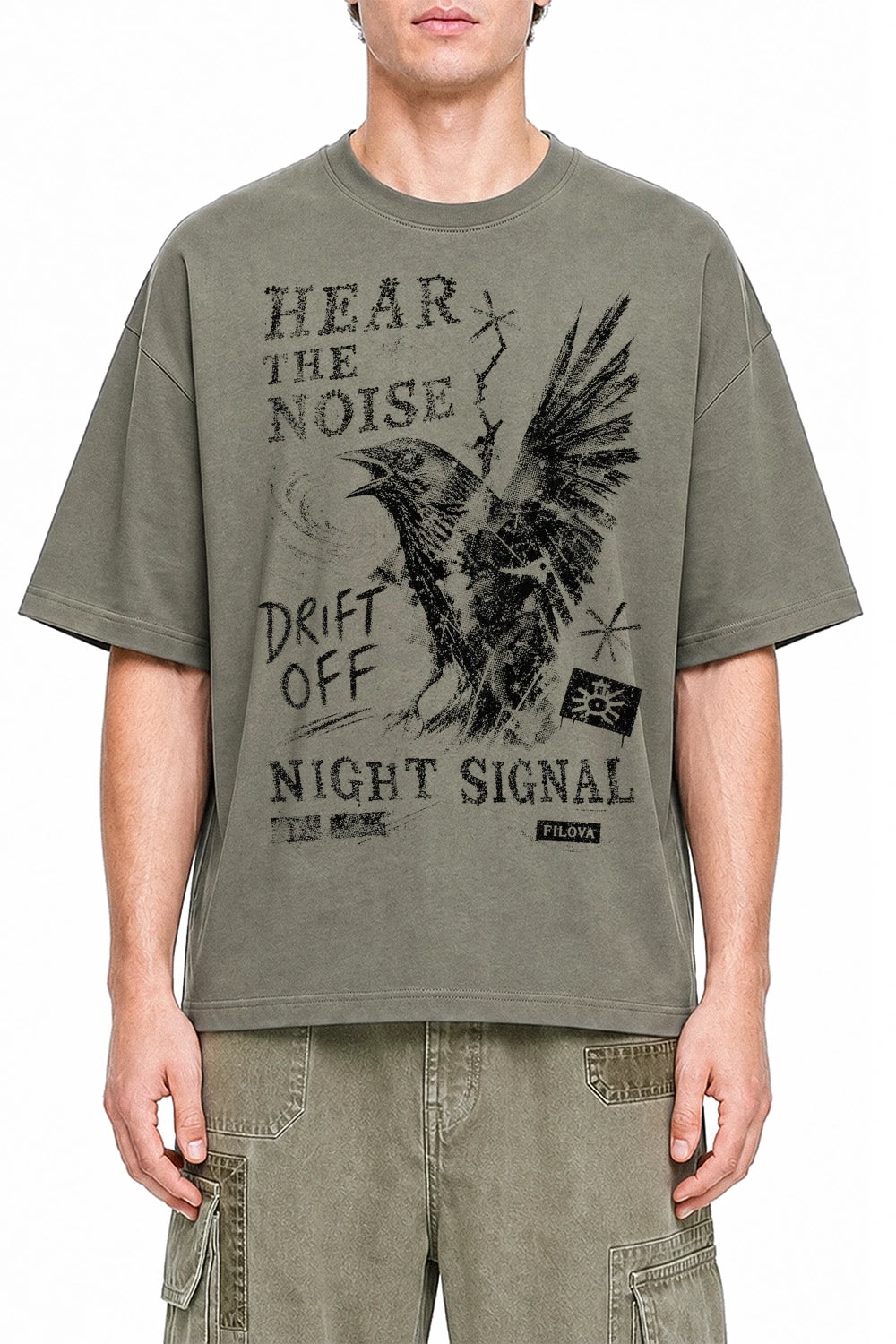 Hear The Noise Dark Gray graphic T-shirt on model, front view