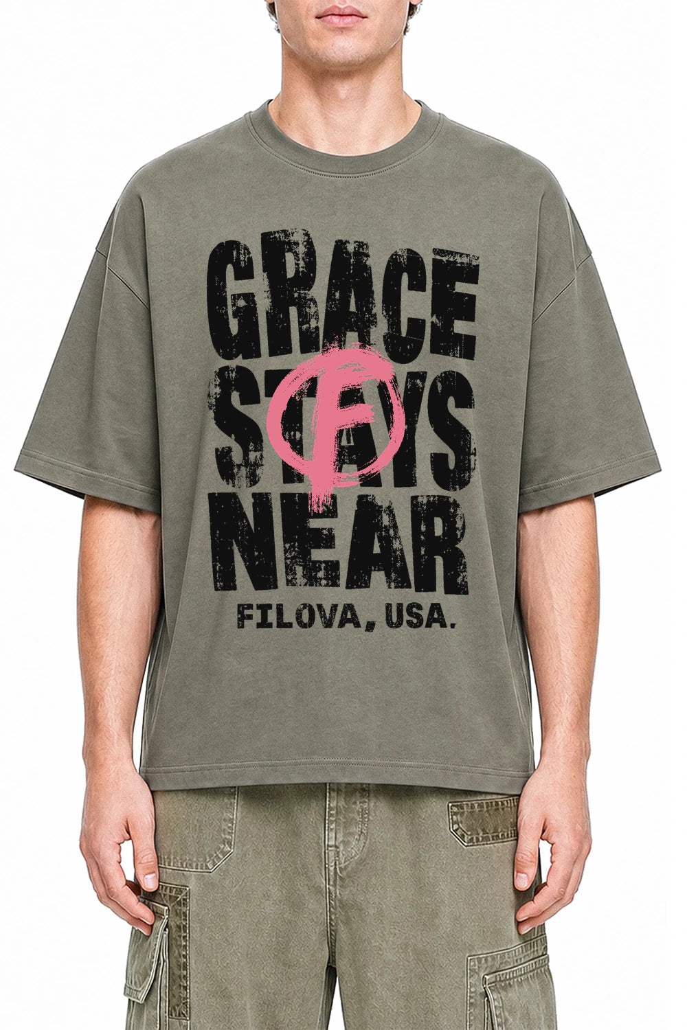 Grace Stays Near Dark Gray graphic T-shirt on model, front view