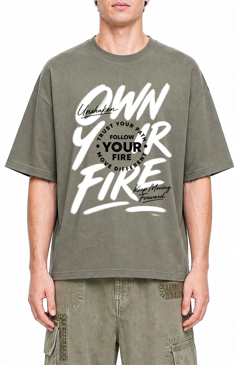 Own Your Fire Dark Gray graphic T-shirt on model, front view