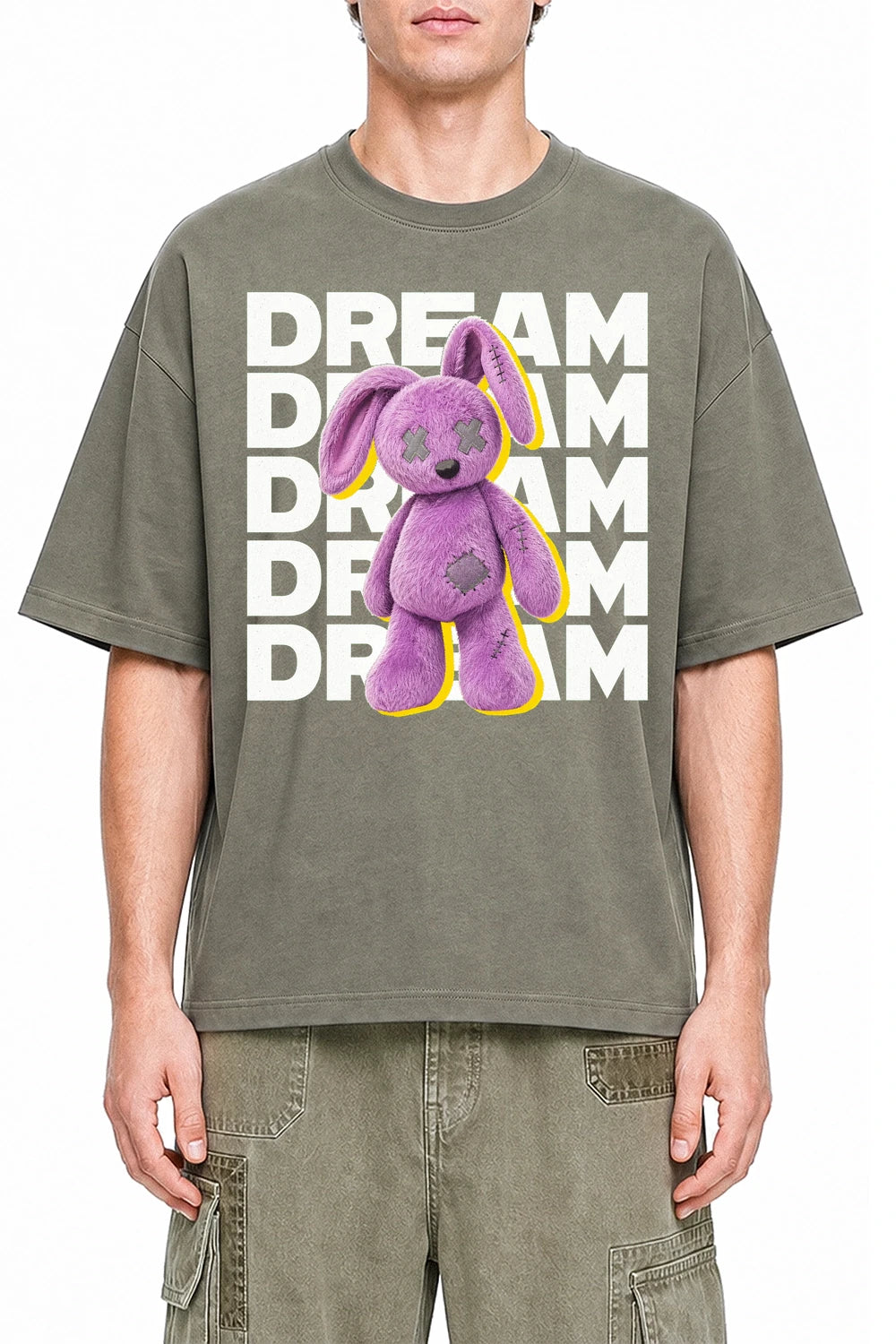 Dream Plush Rabbit Dark Gray graphic T-shirt on model, front view