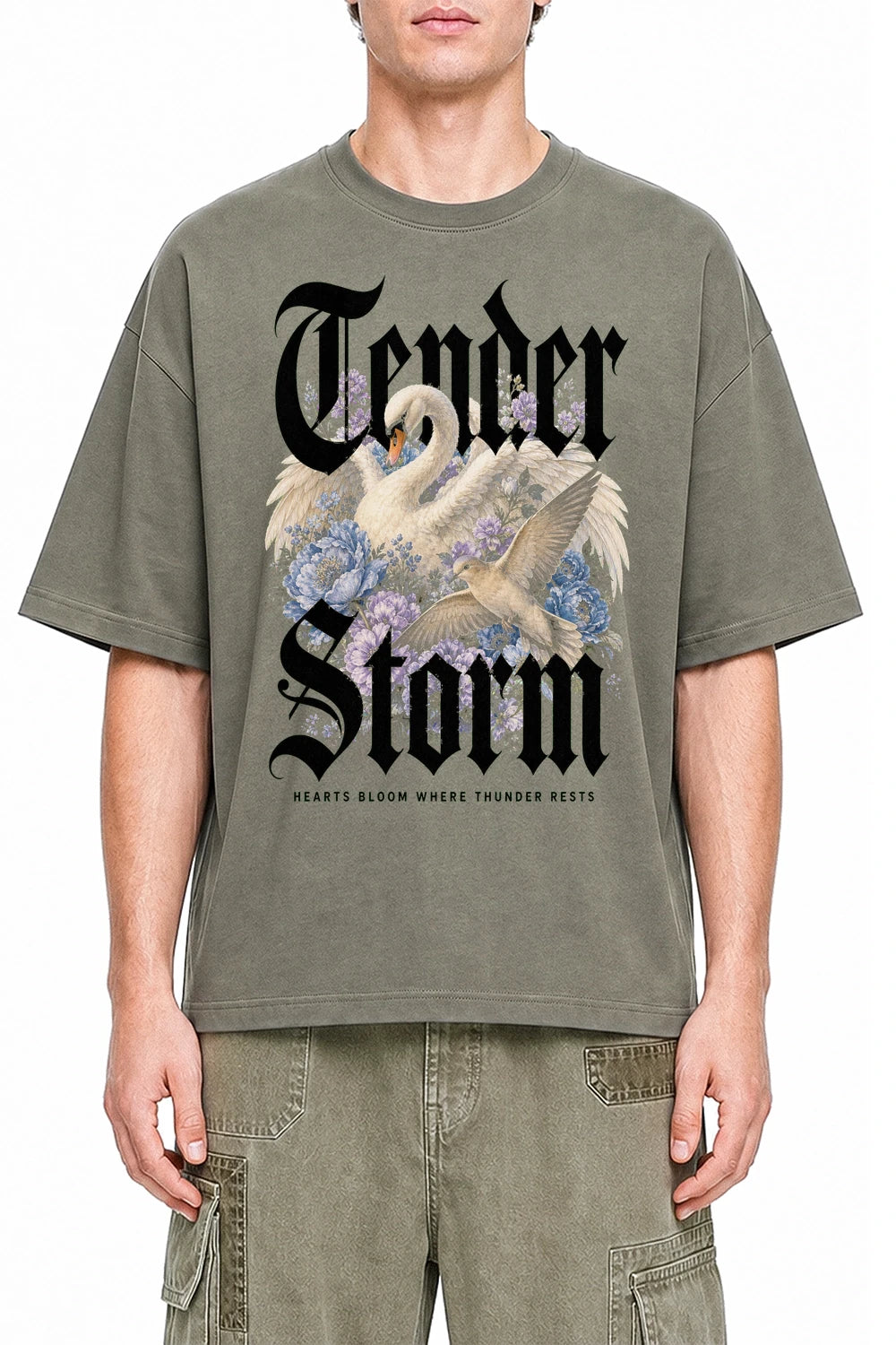 Tender Storm Dark Gray graphic T-shirt on model, front view