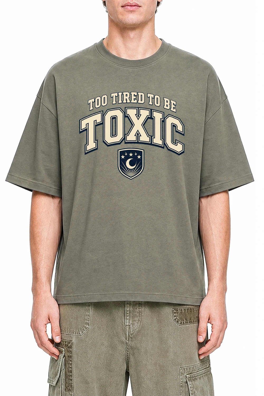 Too Tired To Be Toxic Dark Gray graphic T-shirt on model, front view