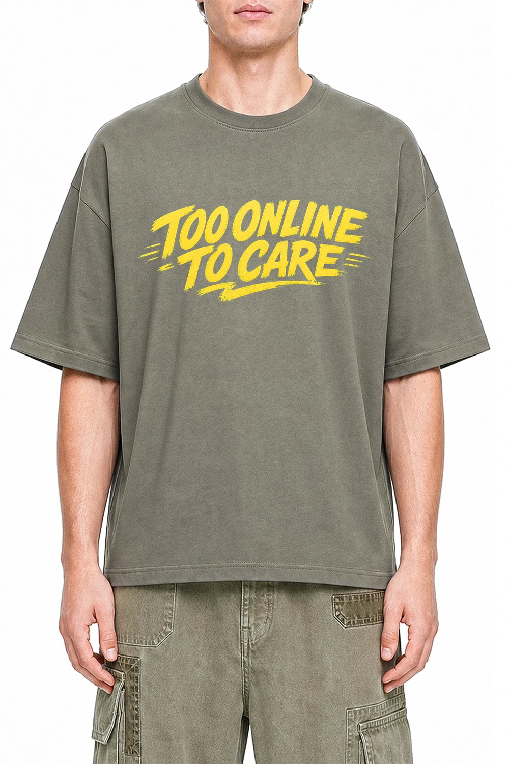 Too Online To Care Dark Gray graphic T-shirt on model, front view