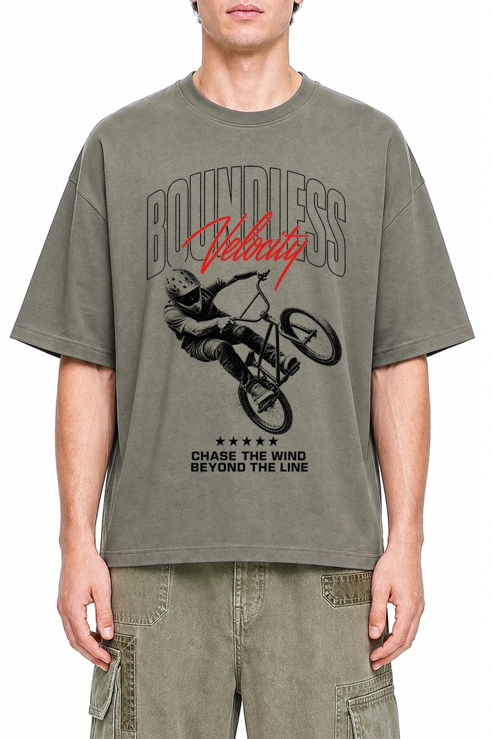 Boundless Velocity Dark Gray graphic T-shirt on model, front view