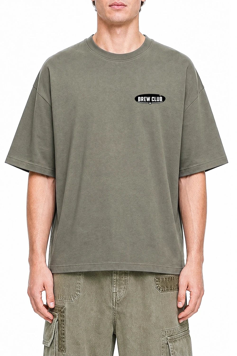 Night Shift Brew Club Dark Gray graphic T-shirt on model, front view