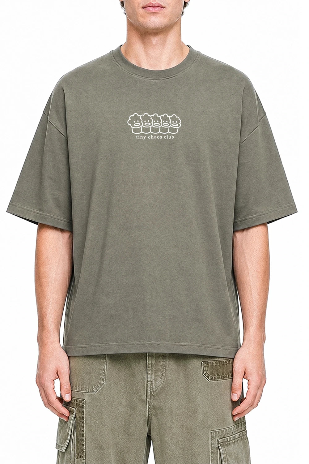 Tiny Chaos Club Dark Gray graphic T-shirt on model, front view
