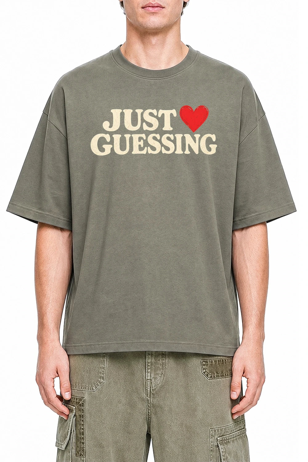 Just Guessing Dark Gray graphic T-shirt on model, front view