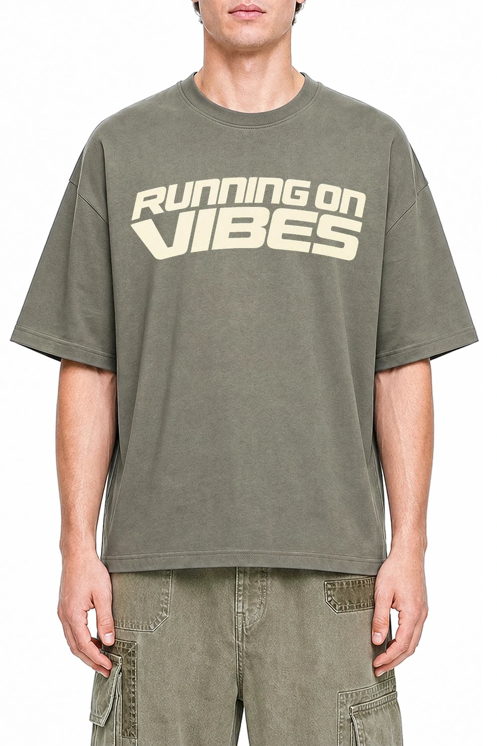 Running On Vibes Dark Gray graphic T-shirt on model, front view