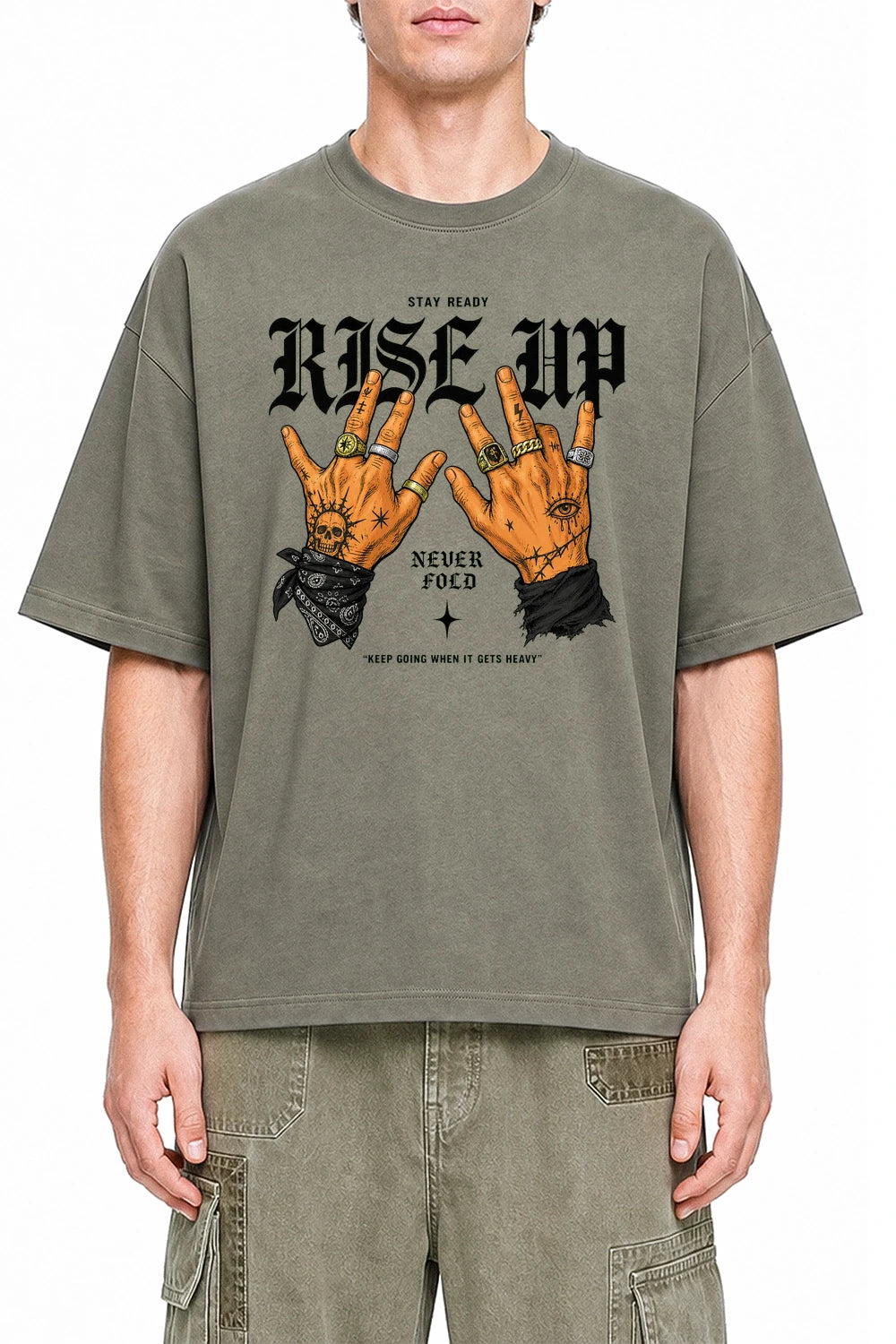 Rise Up Never Fold Dark Gray graphic T-shirt on model, front view