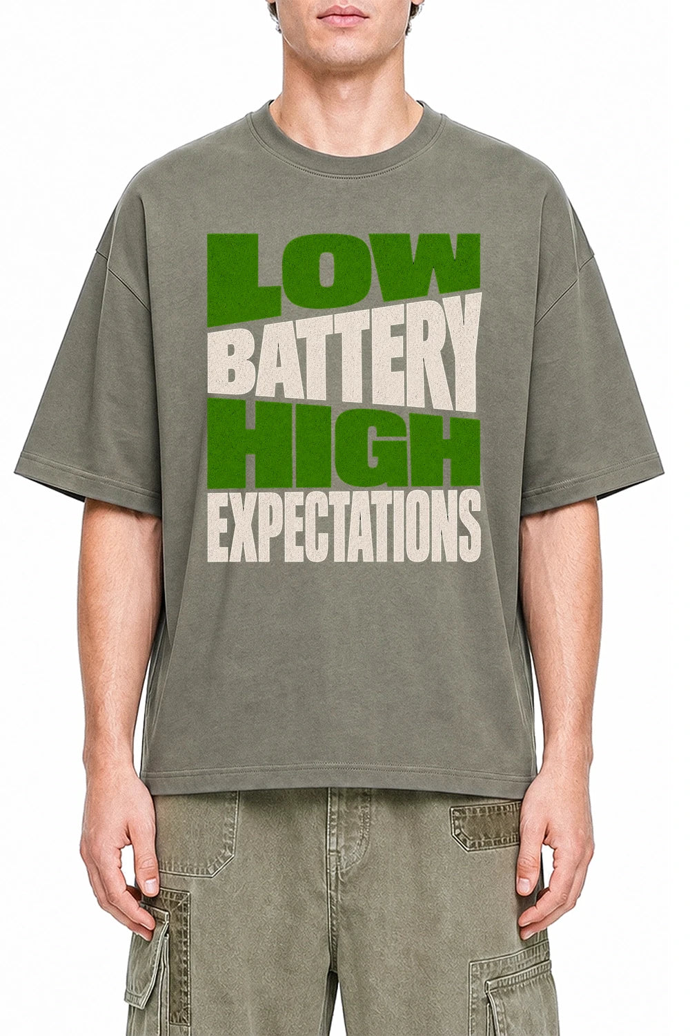 Low Battery High Expectations Dark Gray graphic T-shirt on model, front view