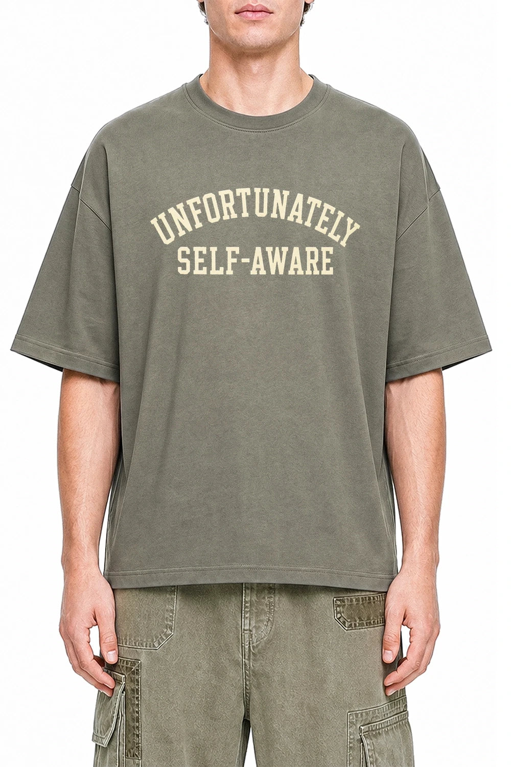 Unfortunately Self Aware Dark Gray graphic T-shirt on model, front view
