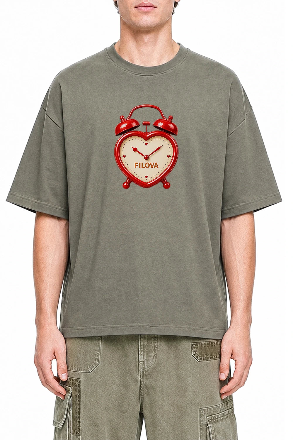 Heart Dial Clock Dark Gray graphic T-shirt on model, front view