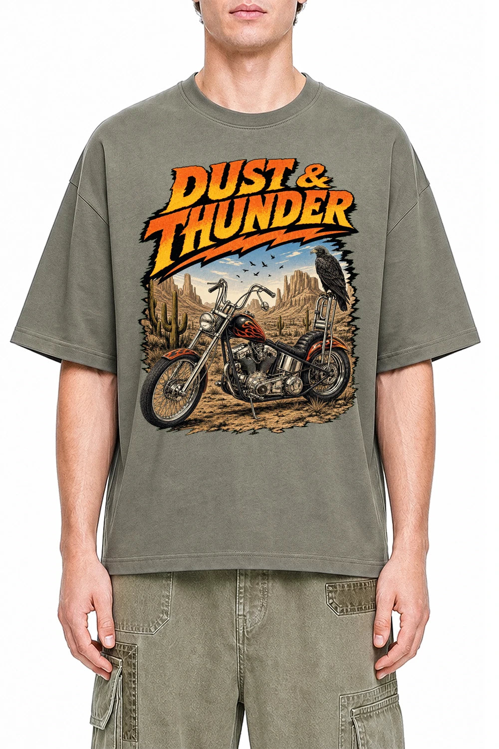 Dust And Thunder Dark Gray graphic T-shirt on model, front view