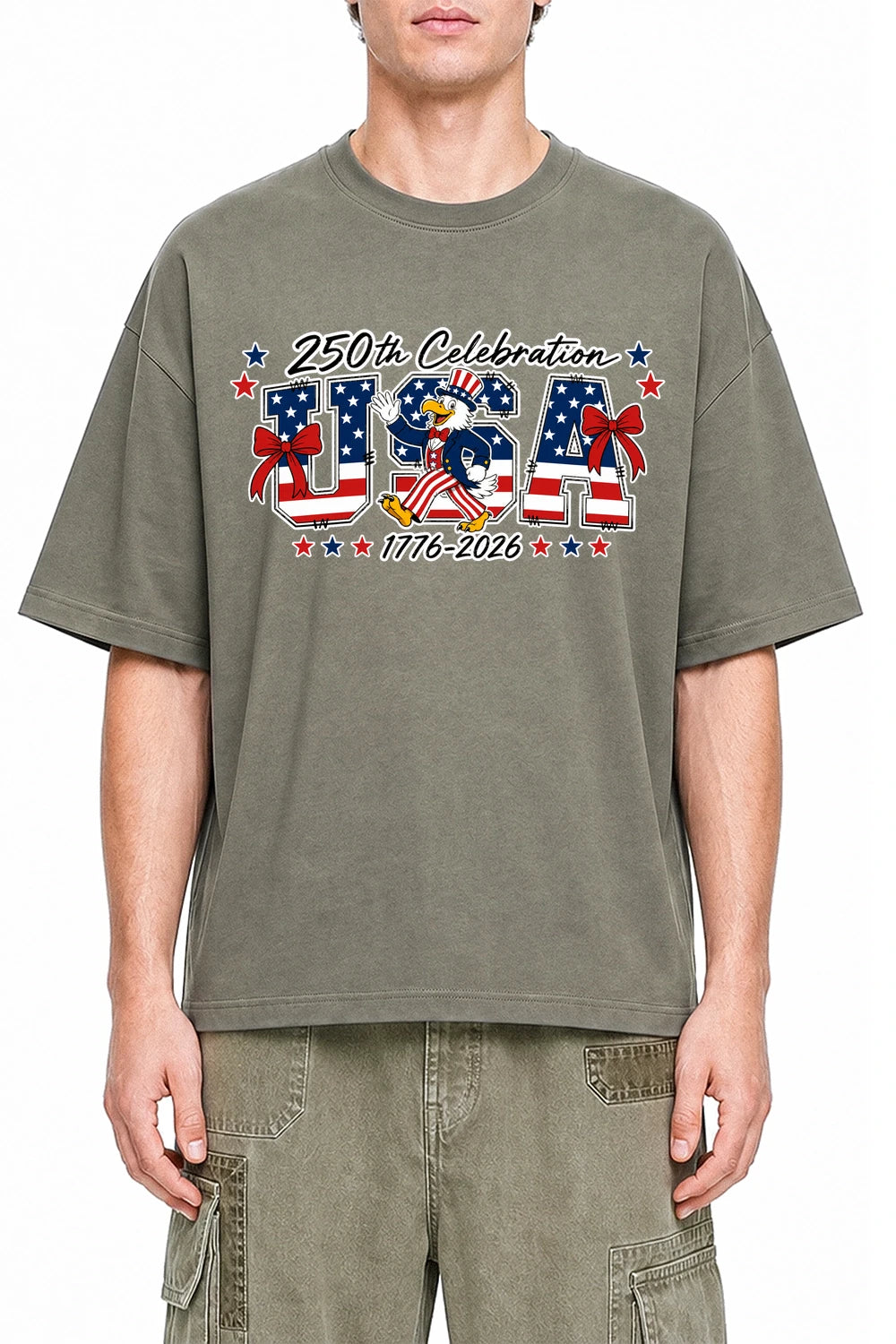 Patriot Parade USA Dark Gray graphic T-shirt on model, front view
