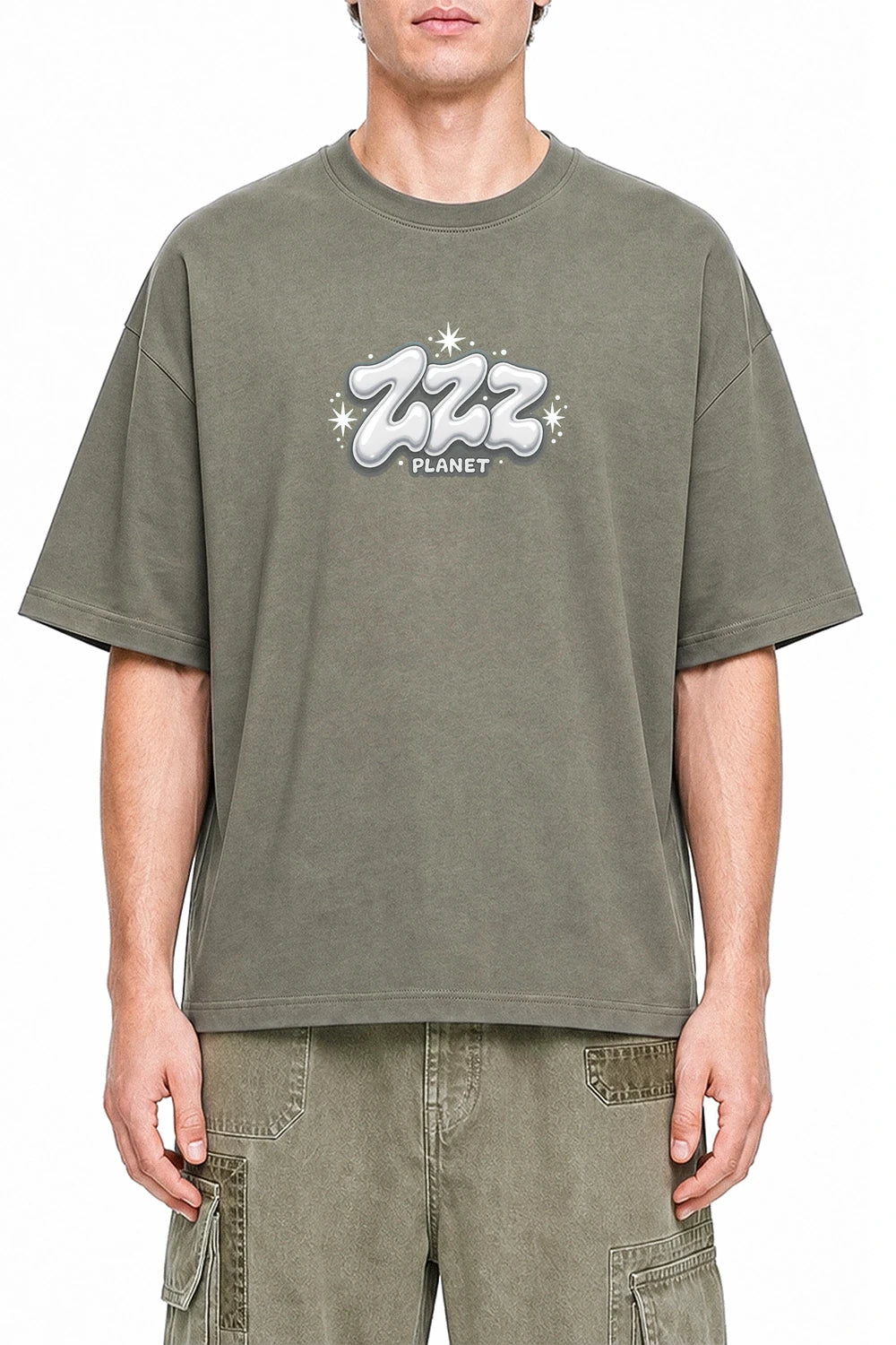 ZZZ Planet Dark Gray graphic T-shirt on model, front view