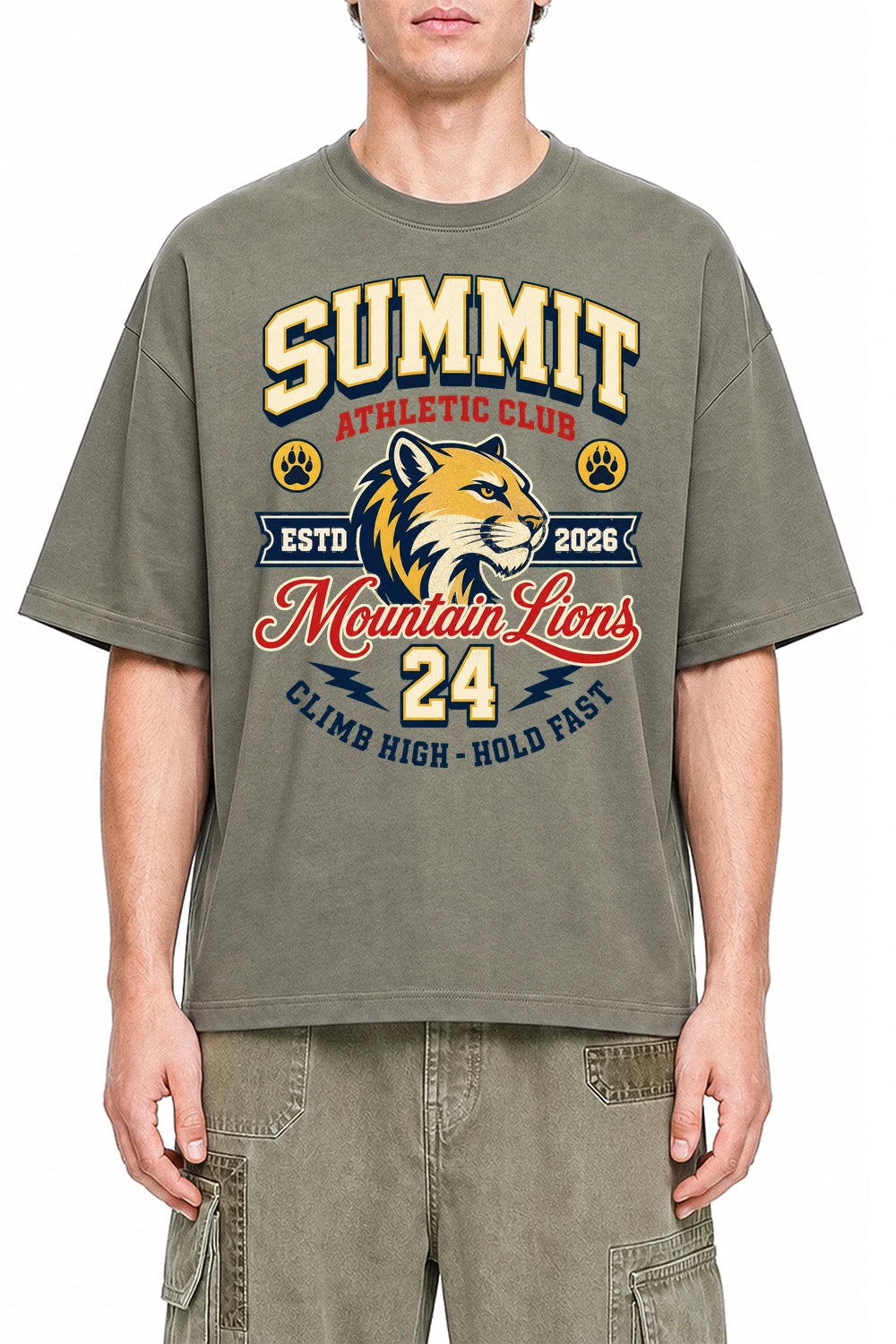 Summit Athletic Club Dark Gray graphic T-shirt on model, front view