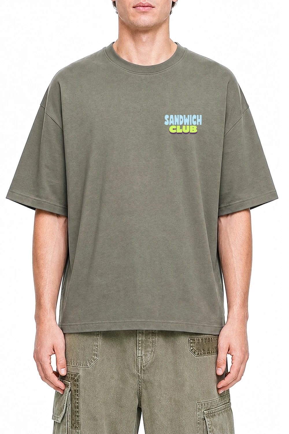 After Hours Sandwich Club Dark Gray graphic T-shirt on model, front view