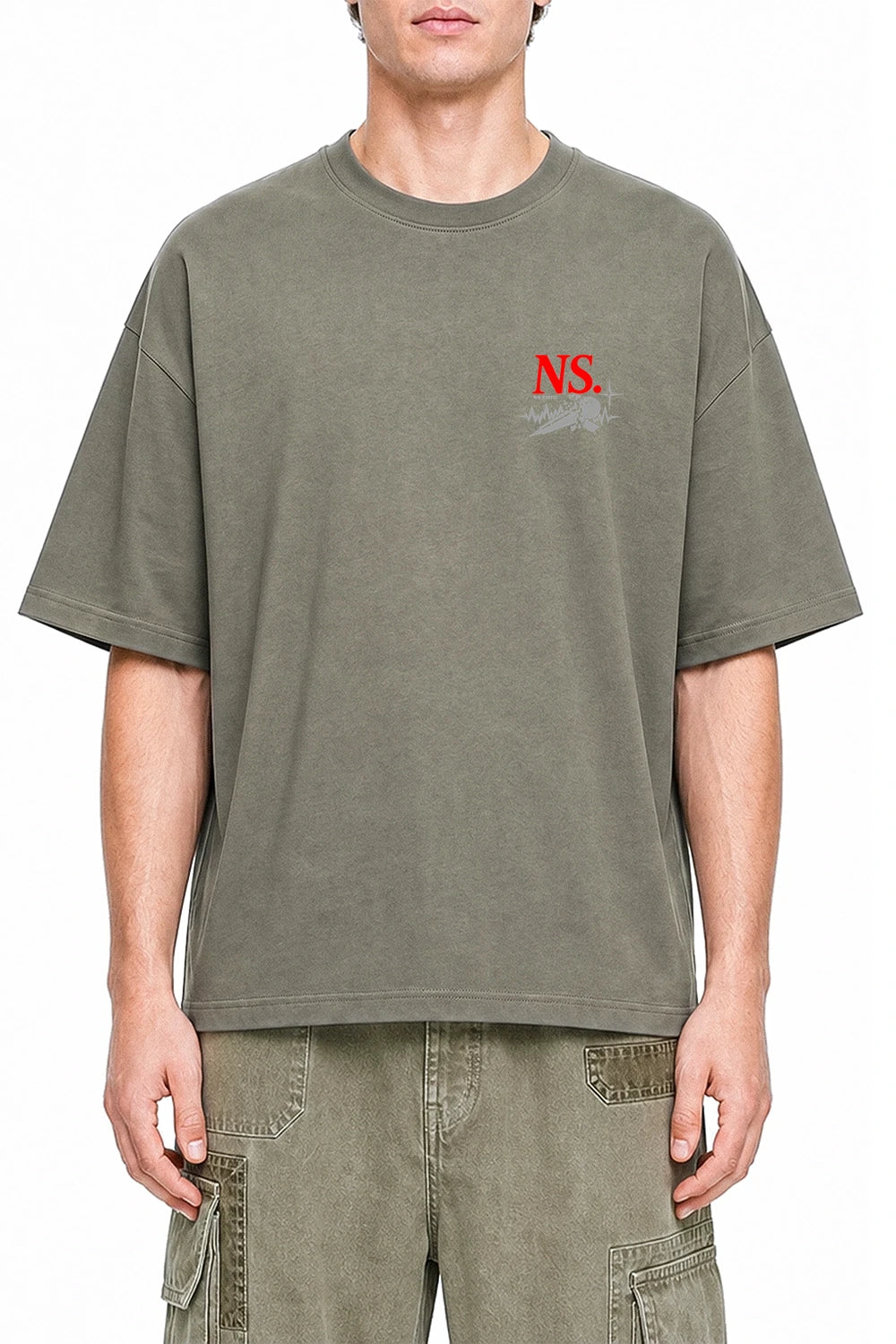 No Static Dark Gray graphic T-shirt on model, front view