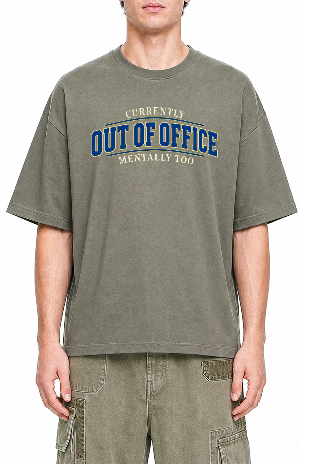 Currently Out Of Office Mentally Too Dark Gray graphic T-shirt on model, front view