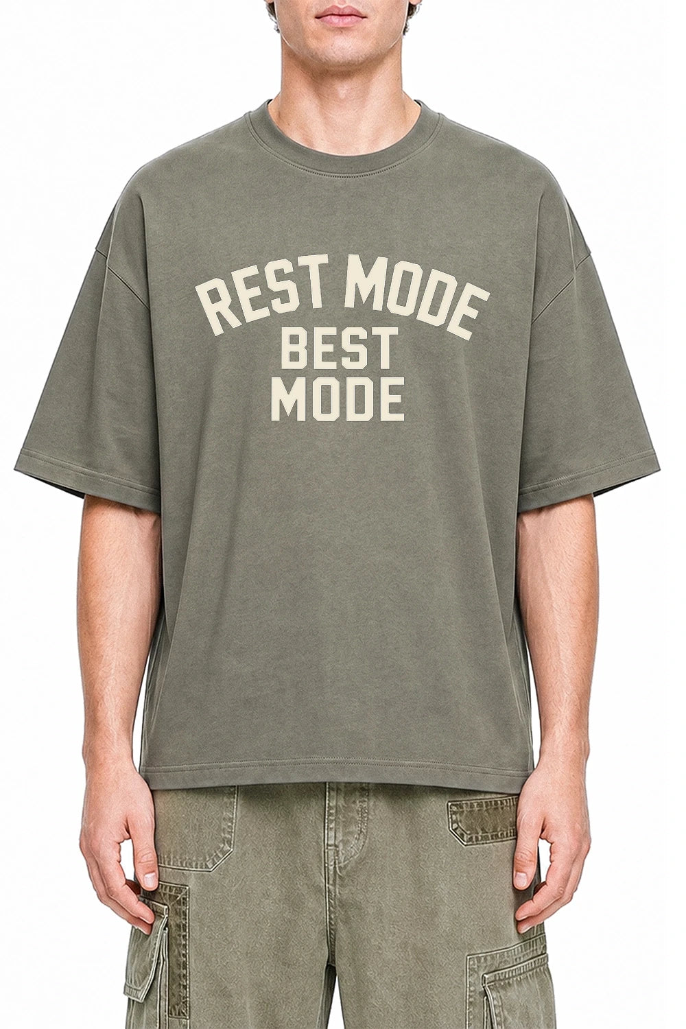 Rest Mode Best Mode Dark Gray graphic T-shirt on model, front view
